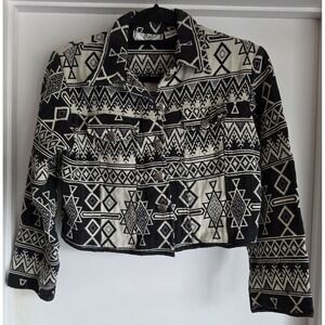 Vintage Essentiale Tapestry Jacket M Black White Southwestern Cropped Boxy Boho